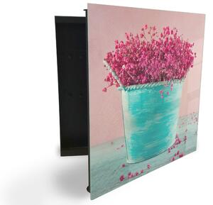 Glasdekor skříňka na klíče - růžový vřes a tyrkysový květináč - Levé / Černá