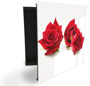 Glasdekor skříňka na klíče - květy červené růže na bílém - Levé / Černá