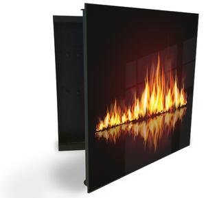 Glasdekor skříňka na klíče - plameny oheň s odrazem - Levé / Černá