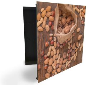 Glasdekor skříňka na klíče - rozsypané ořechy a pytlík na dřevě - Levé / Černá