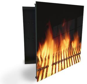 Glasdekor skříňka na klíče - detail oheň v grilu - Levé / Černá