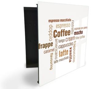 Glasdekor skříňka na klíče - ilustrace Coffe, Espresso, Latte - Levé / Černá
