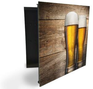 Glasdekor skříňka na klíče - dvě čepované piva pozadí dřevo - Pravé / Černá