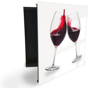Glasdekor skříňka na klíče - dvě sklenice červeného vína na bílém - Levé / Černá