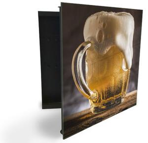 Glasdekor skříňka na klíče - čepované pivo na dřevěném stole - Levé / Černá
