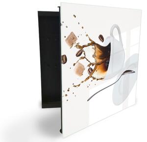 Glasdekor skříňka na klíče - vylétá káva a cukr z bílého šálku - Levé / Černá