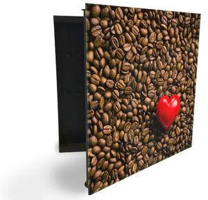Glasdekor skříňka na klíče - zrna kávy a červené srdce - Levé / Černá
