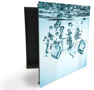 Glasdekor skříňka na klíče - ledové kostky padající pod vodou - Levé / Černá