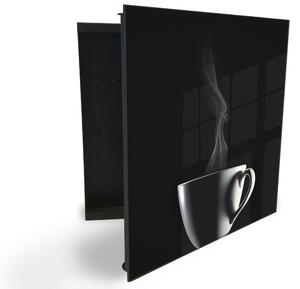 Glasdekor skříňka na klíče - bílý hrnek a kouř na černém pozadí - Levé / Černá
