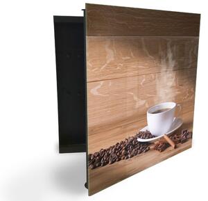 Glasdekor skříňka na klíče - bílý hrnek, káva a koření na dřevě - Levé / Černá
