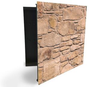 Glasdekor skříňka na klíče - písková kamenná zeď atyp - Levé / Černá