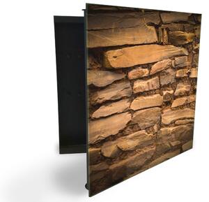 Glasdekor skříňka na klíče - hnědá zeď ze štípaného kamene - Pravé / Černá