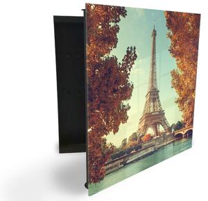 Glasdekor skříňka na klíče - Eiffelova věž na řekou Seinou - Levé / Černá