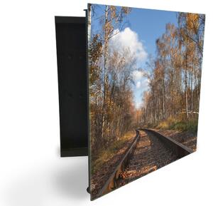 Glasdekor skříňka na klíče - železnice v podzimním lese - Levé / Černá