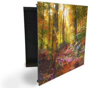 Glasdekor skříňka na klíče - malovaný les s květy - Pravé / Černá