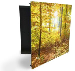Glasdekor skříňka na klíče - podzimní les a slunce - Levé / Černá