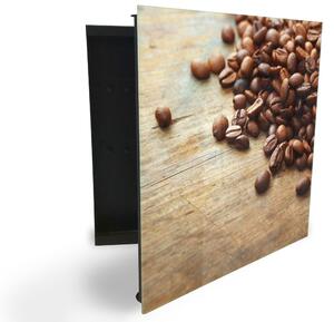 Glasdekor skříňka na klíče - kávová zrna na dřevěném stole - Levé / Černá