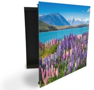 Glasdekor skříňka na klíče - hora, jezero a kvetoucí lupiny - Levé / Černá