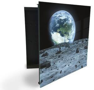 Glasdekor skříňka na klíče - měsíc, země, vesmír - Levé / Černá