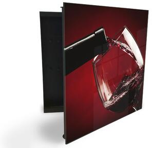 Glasdekor skříňka na klíče - láhev a sklenice červené víno - Levé / Černá