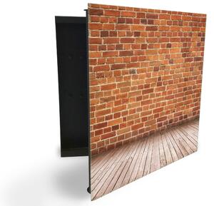 Glasdekor skříňka na klíče - dřevěná podlaha a cihlová zeď - Pravé / Černá