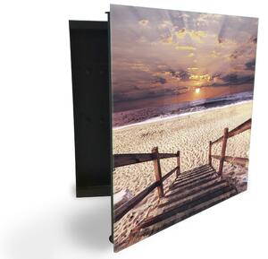 Glasdekor skříňka na klíče - promenáda na pláži západ slunce - Levé / Černá