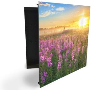 Glasdekor skříňka na klíče - louka květů a východ slunce - Levé / Černá