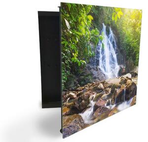 Glasdekor skříňka na klíče - vodopád v lese u řeky - Levé / Černá