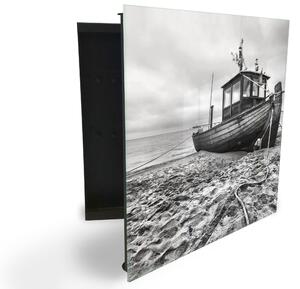 Glasdekor skříňka na klíče - černobílá rybářská loď - Levé / Černá