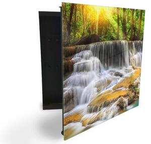 Glasdekor skříňka na klíče - les, slunce a vodopády - Levé / Černá