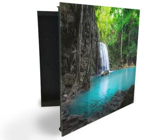 Glasdekor skříňka na klíče - tyrkysová voda a vodopád v džungli - Levé / Černá