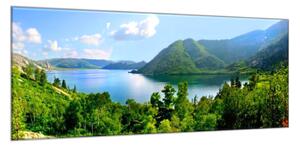 Obraz skleněný les a pohled na jezero - 70 x 100 cm