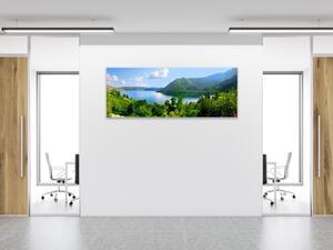 Obraz skleněný les a pohled na jezero - 50 x 70 cm