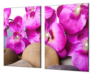 Ochranná deska květy orchideje a hnědý kámen - 40x40cm / S lepením na zeď