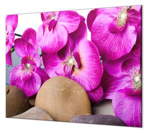 Ochranná deska květy orchideje a hnědý kámen - 52x60cm / S lepením na zeď