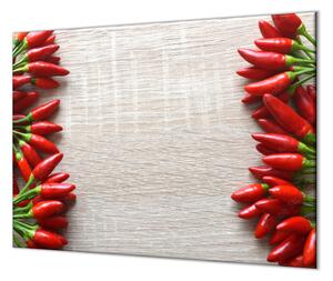 Ochranná deska řada chilli papriček na dřevě - 52x60cm / S lepením na zeď