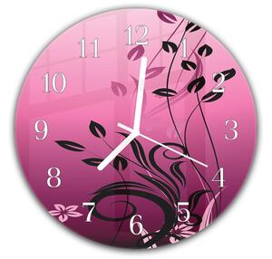 Nástěnné hodiny kulaté pr.30cm malované listí na růžovém pozadí - plexi
