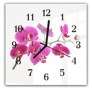 Nástěnné hodiny 30x30cm květy fialové orchideje na bílém podkladu - plexi