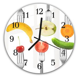 Nástěnné hodiny kulaté pr.30cm zelenina a ovoce na vidličce - plexi