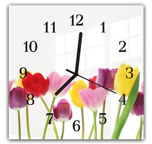 Nástěnné hodiny 30x30cm barevné květy tulipánů na stonku - plexi