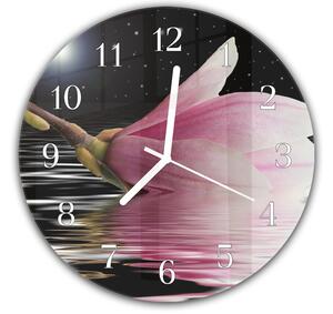 Nástěnné hodiny kulaté pr.30cm květ magnolie na noční hladinou - plexi