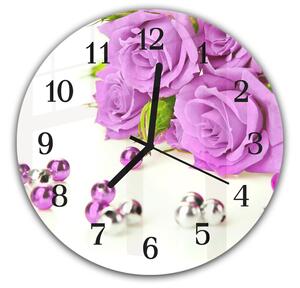 Nástěnné hodiny kulaté pr.30cm fialová růže a perly - plexi