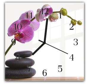 Nástěnné hodiny 30x30cm květy fialové orchideje nad zen kameny - plexi