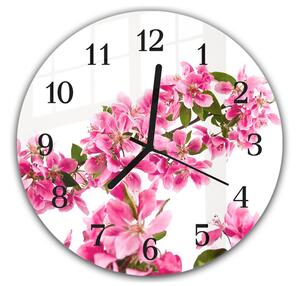 Nástěnné hodiny kulaté pr.30cm jasně růžové květy na větvi - plexi