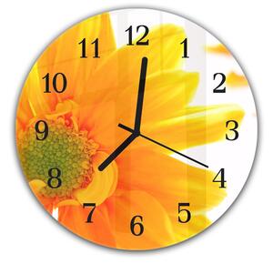 Nástěnné hodiny kulaté pr.30cm detail květu sytě žluté chryzantémy - plexi