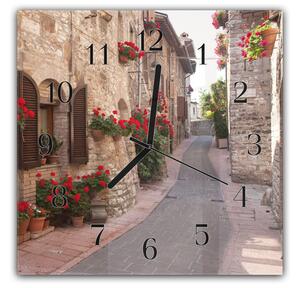 Nástěnné hodiny 30x30cm Italské město Assisi a květinová ulička - plexi