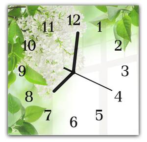 Nástěnné hodiny 30x30cm bílý šeřík a zelené listí na bílém pozadí - plexi