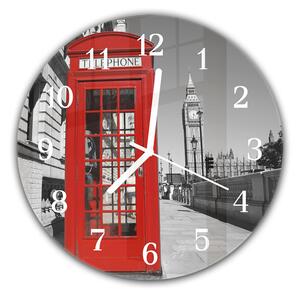 Nástěnné hodiny kulaté pr.30cm Anglická telefonní budka v Londýně a věž - plexi