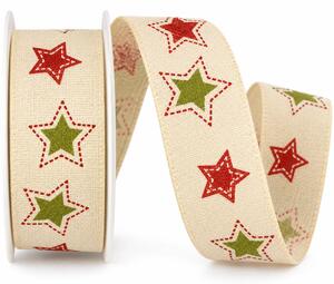 Stuha vánoční bavlněná HAPPY STARS krémová 25mm x 2m