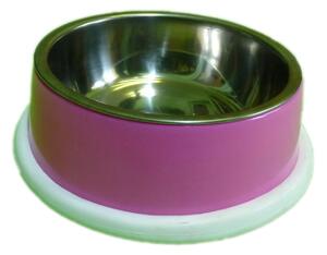 Růžová miska pro psy - 14,5x5 cm (Nerezová miska v růžovém melaminovém obalu. Miska má průměr 14,5 cm a výšku 5 cm. Objem misky je 330 ml. Miska se dá z plastového obalu vyjmout a lehce umýt. )